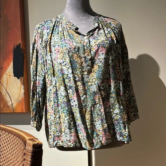 J. Jill Blue Green Floral Boxy Blouse Mandarin Collar, Size Small - Picture 1 of 7